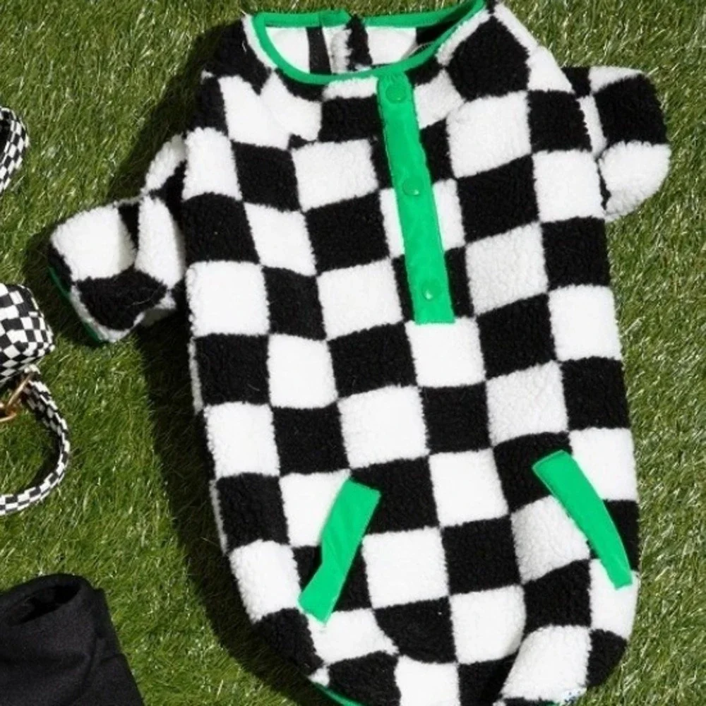 XS Checkered Sherpa Dog Jacket Oodles Black White Green Cozy Fall Pet Coat